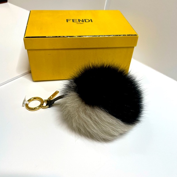 Fendi Bi color Black and Gray Fox Fur Bag Charm NWT and Box